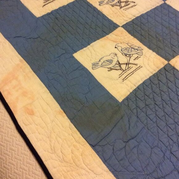 Handmade Four Patch Squares Quilt Embroidered Love Birds Blue White STAINED - Picture 11 of 12